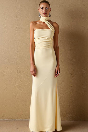 Robe de soirée longue dos nu en satin satiné jonquille